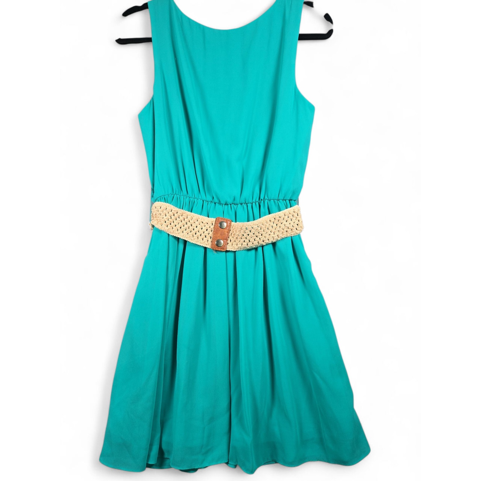 By & By Fit & Flare Dress Sleeveless Pleated Teal Green With Belt Large